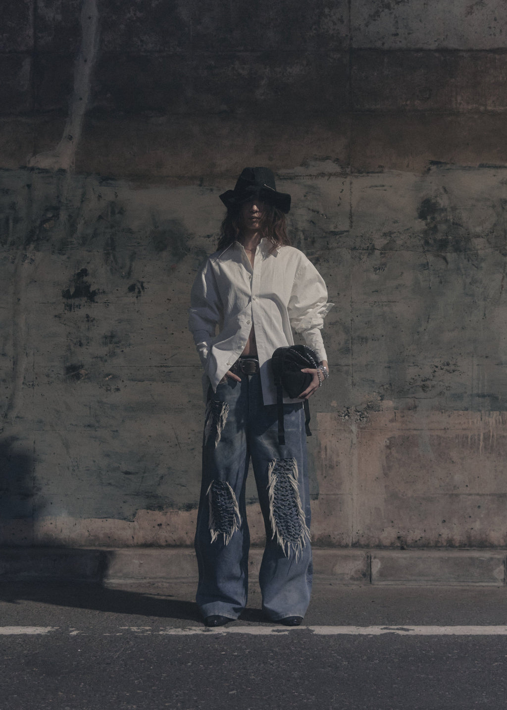 Hand-Braided Vintage Denim Effect Leather Pants