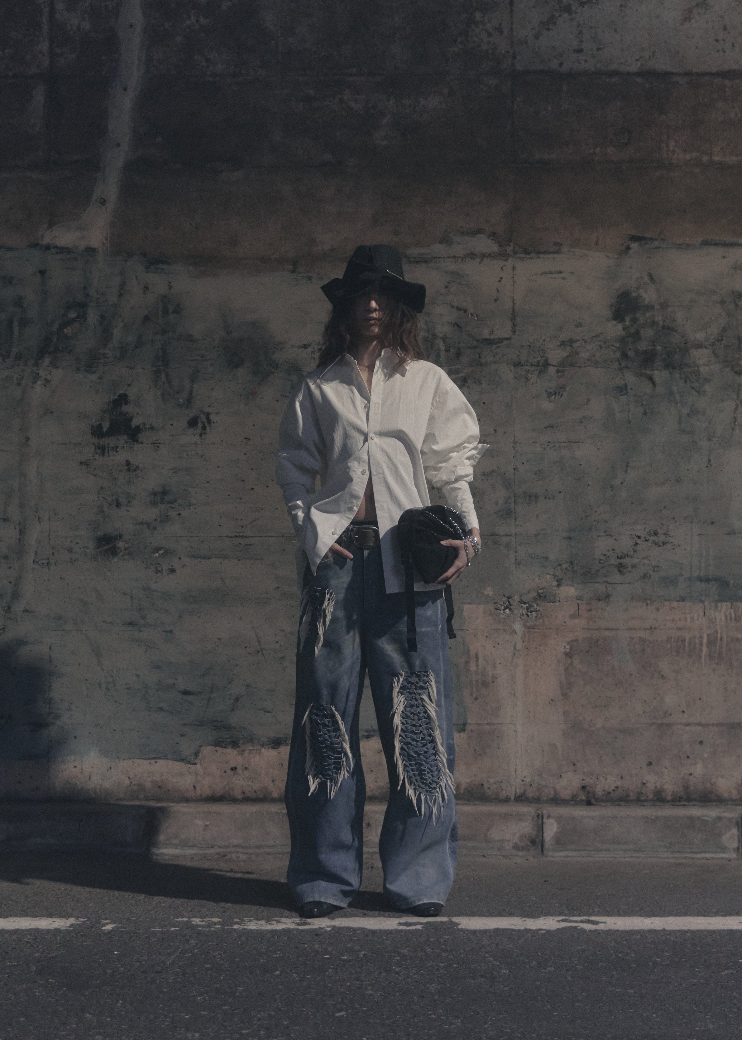 Hand-Braided Vintage Denim Effect Leather Pants