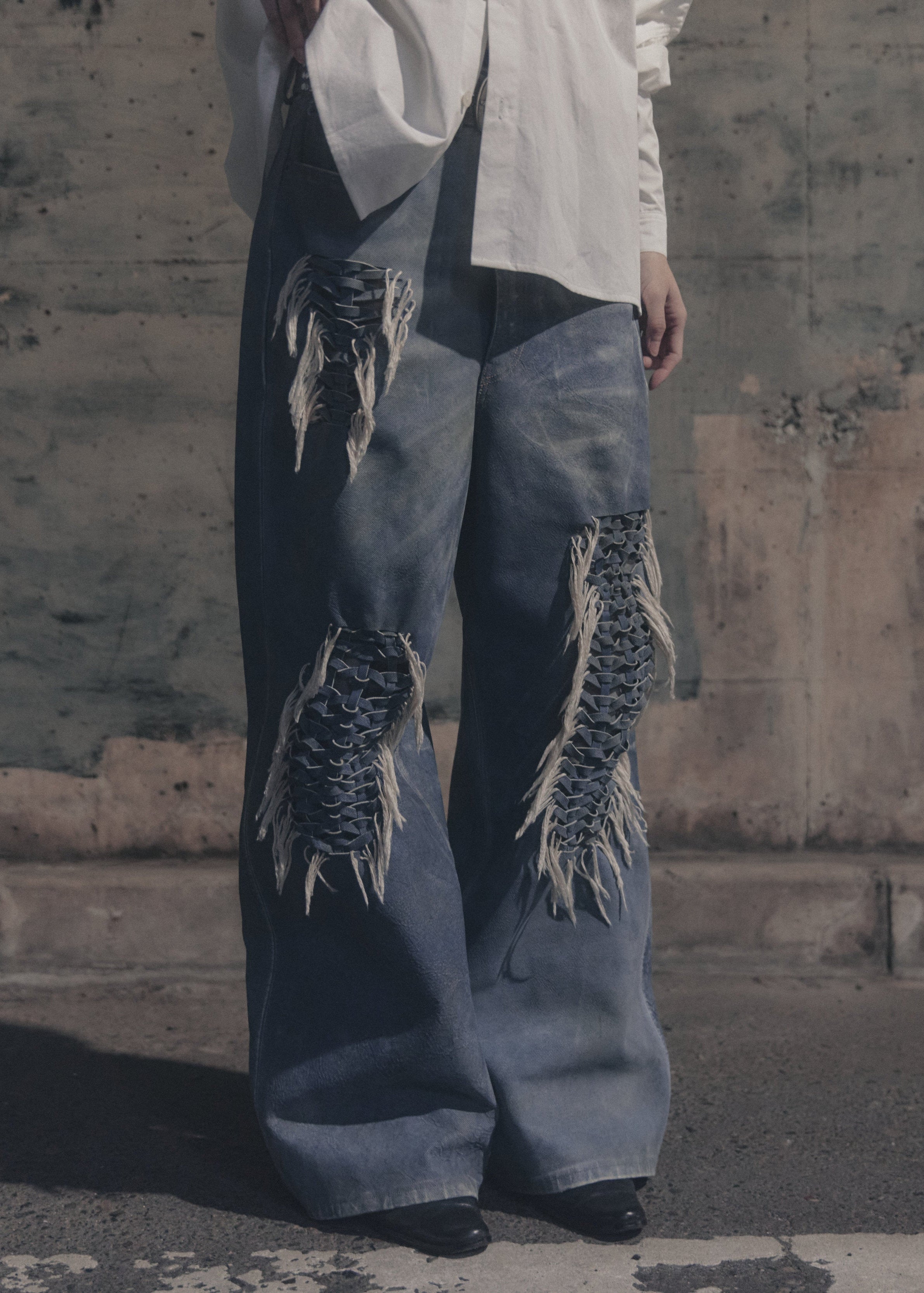Hand-Braided Vintage Denim Effect Leather Pants