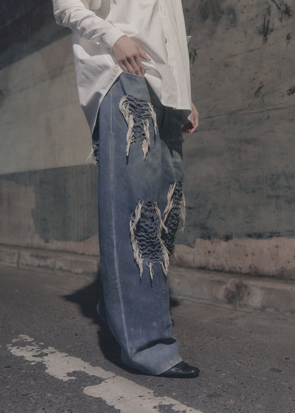 Hand-Braided Vintage Denim Effect Leather Pants