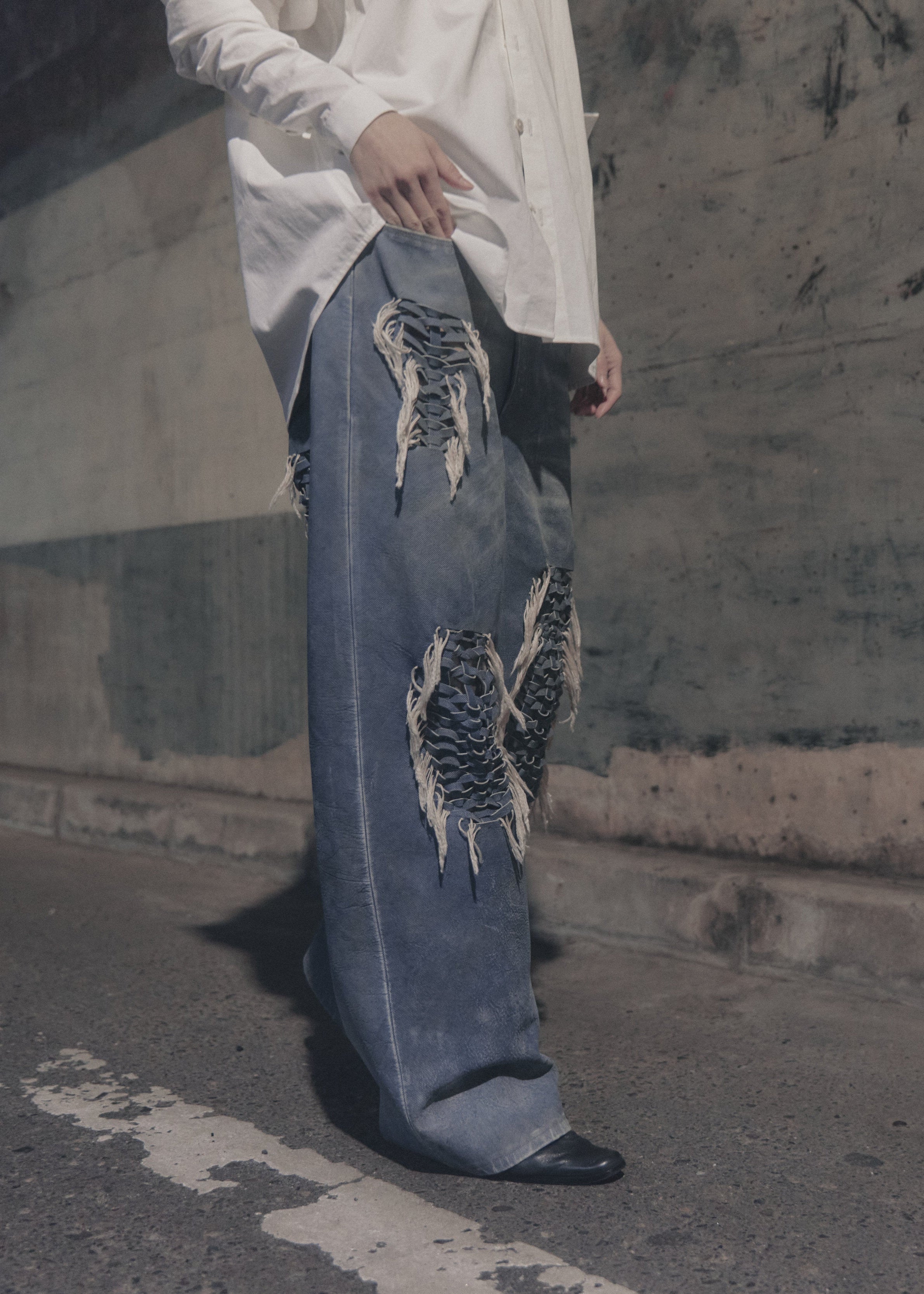 Hand-Braided Vintage Denim Effect Leather Pants