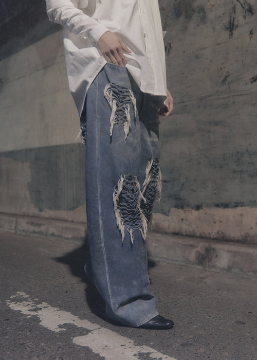 Hand-Braided Vintage Denim Effect Leather Pants