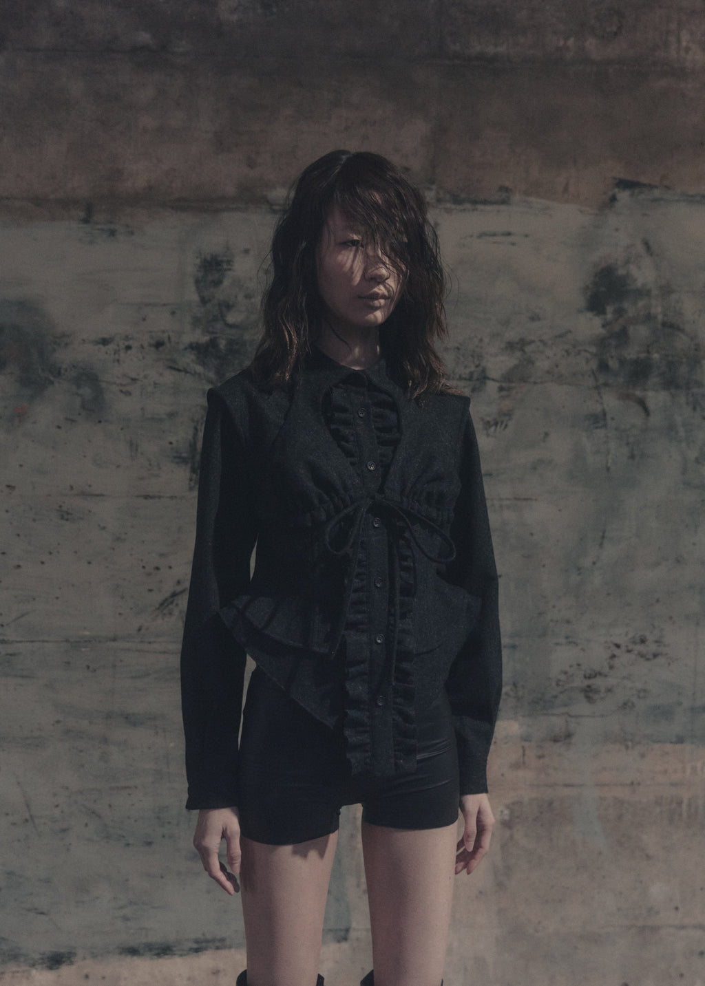 Wool Bra-Collar Ruffle Shirt