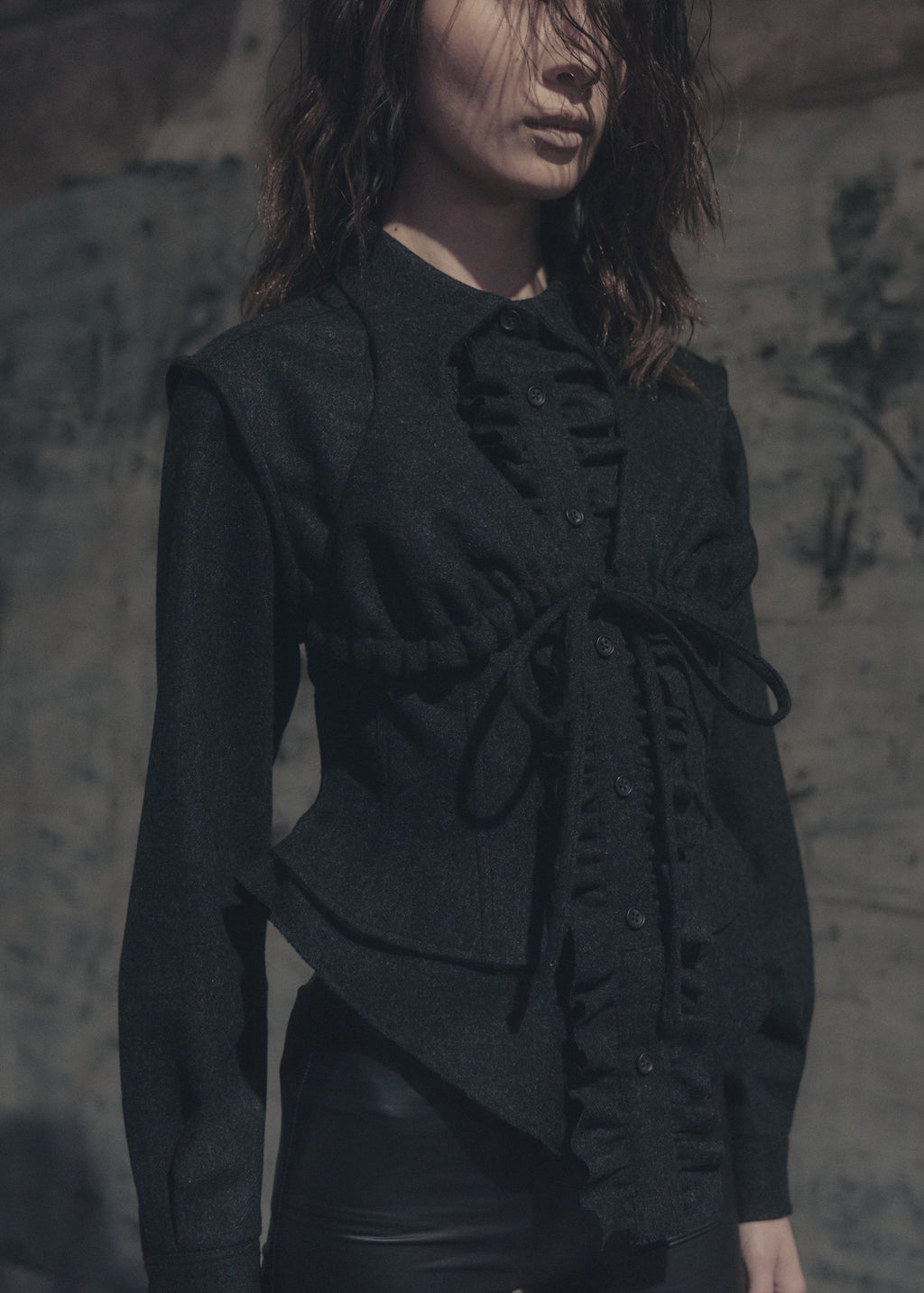 Wool Bra-Collar Ruffle Shirt