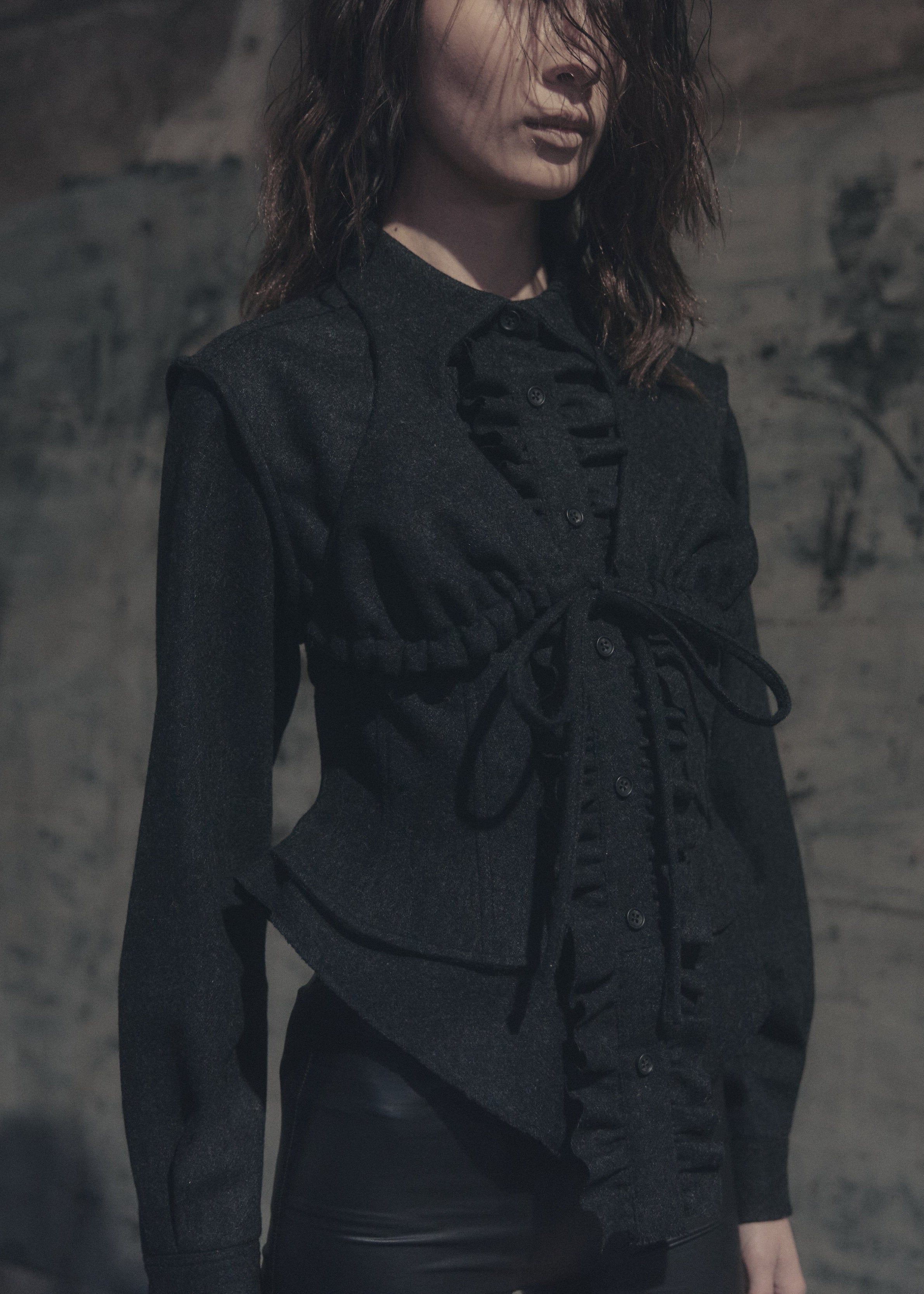 Wool Bra-Collar Ruffle Shirt