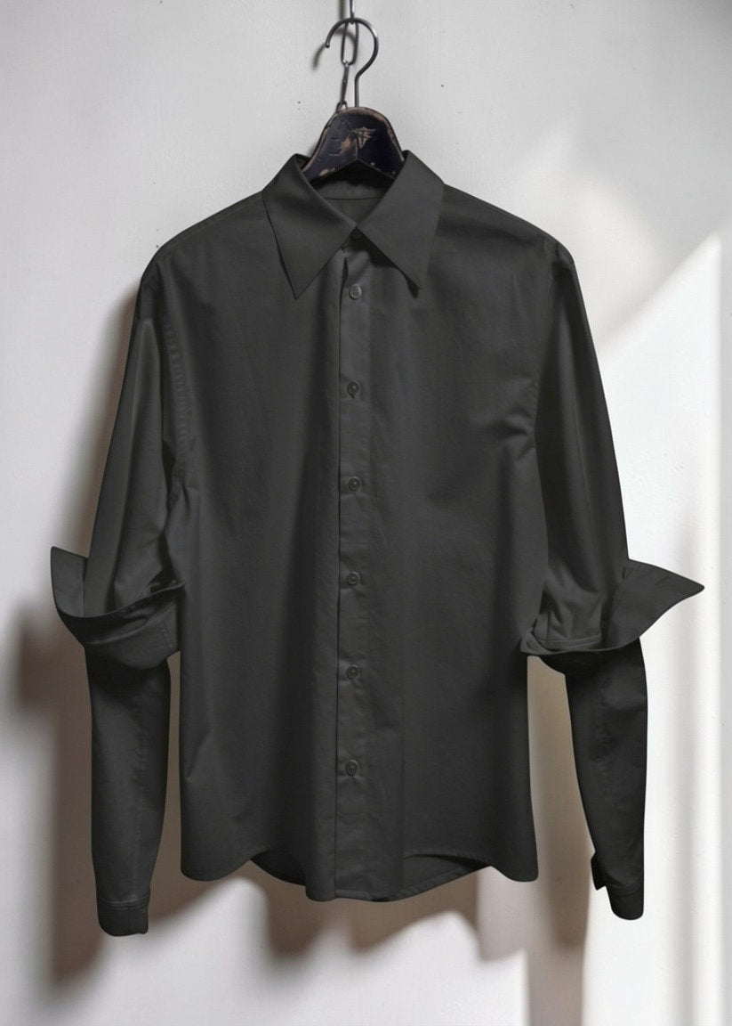 Rolled-up Sleeves Cotton Shirt [BK]