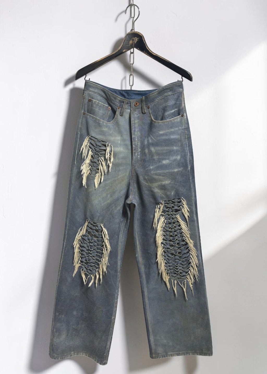 Hand-Braided Vintage Denim Effect Leather Pants