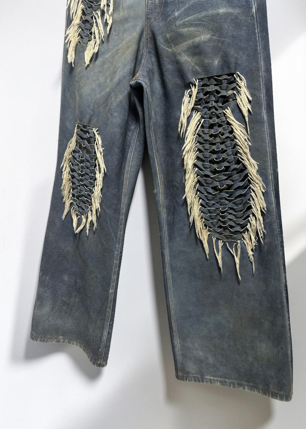 Hand-Braided Vintage Denim Effect Leather Pants