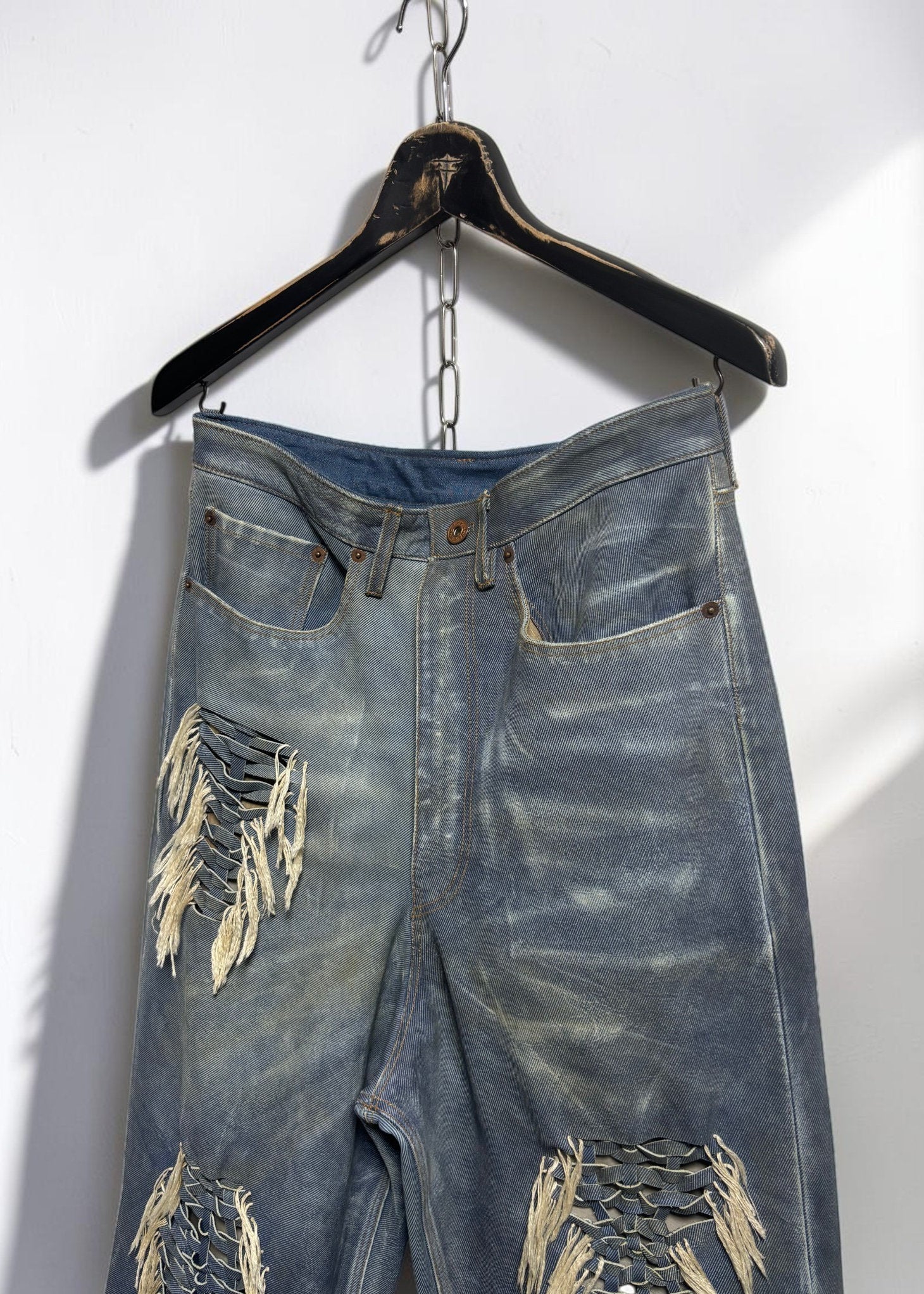 Hand-Braided Vintage Denim Effect Leather Pants