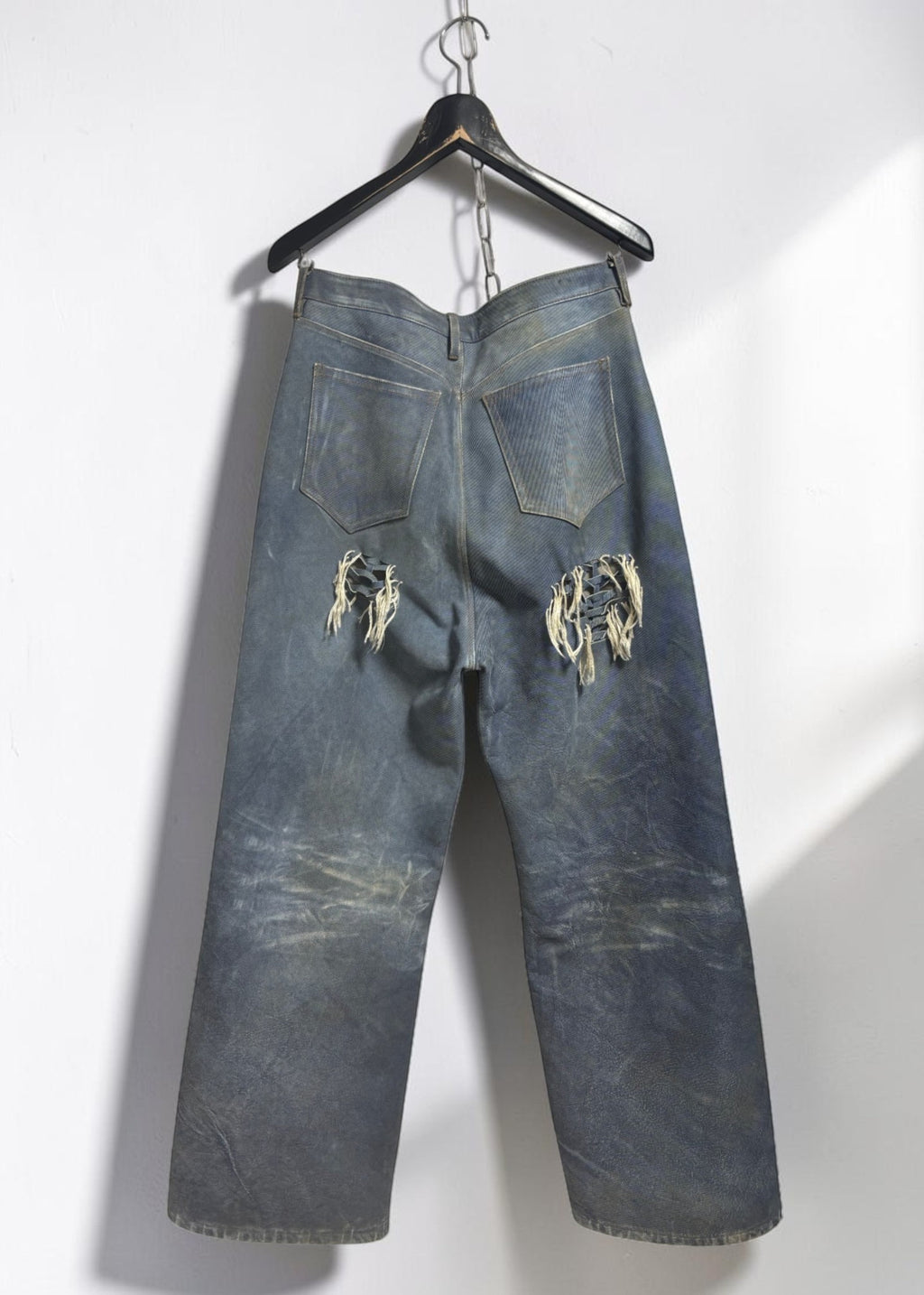 Hand-Braided Vintage Denim Effect Leather Pants