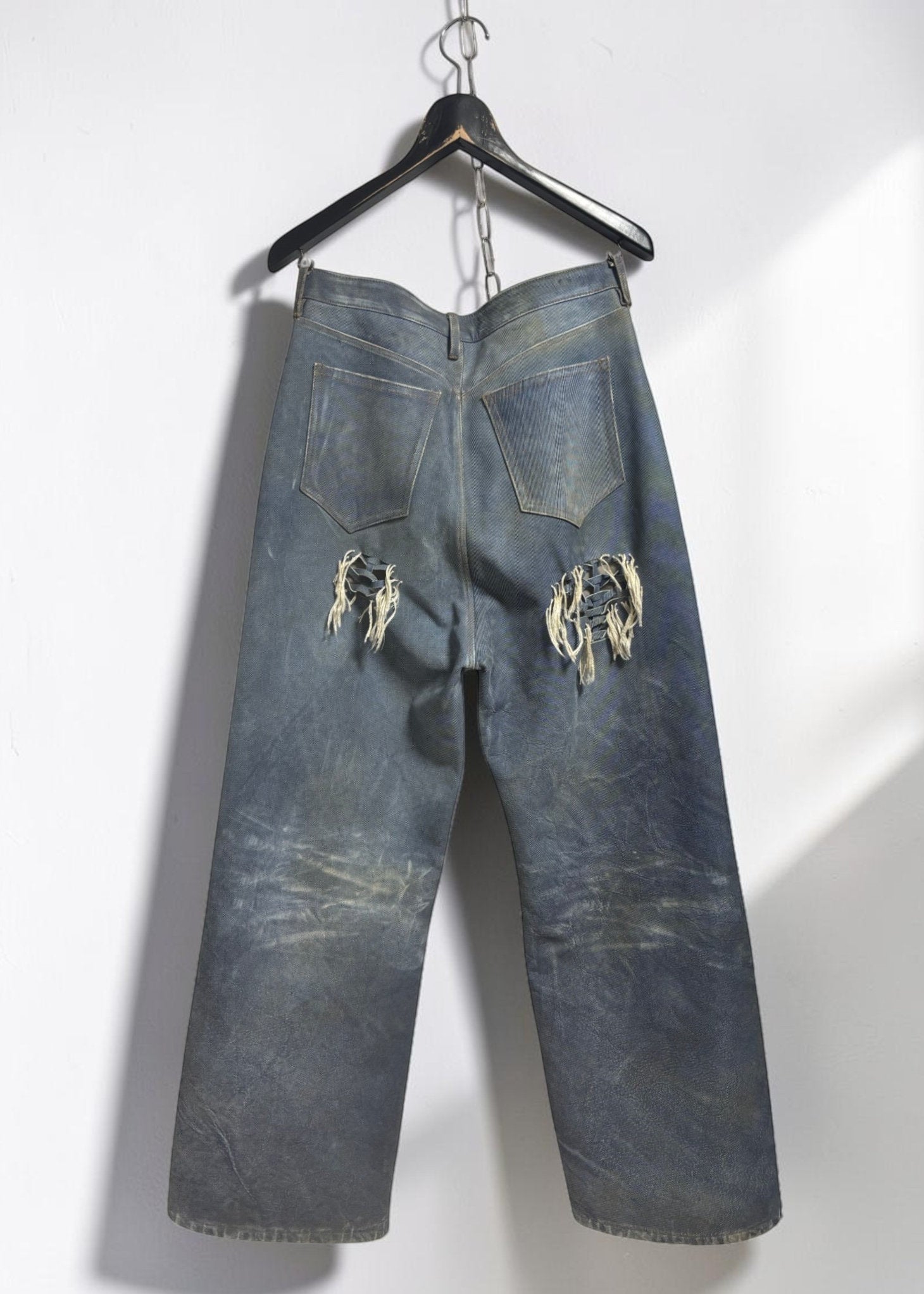 Hand-Braided Vintage Denim Effect Leather Pants