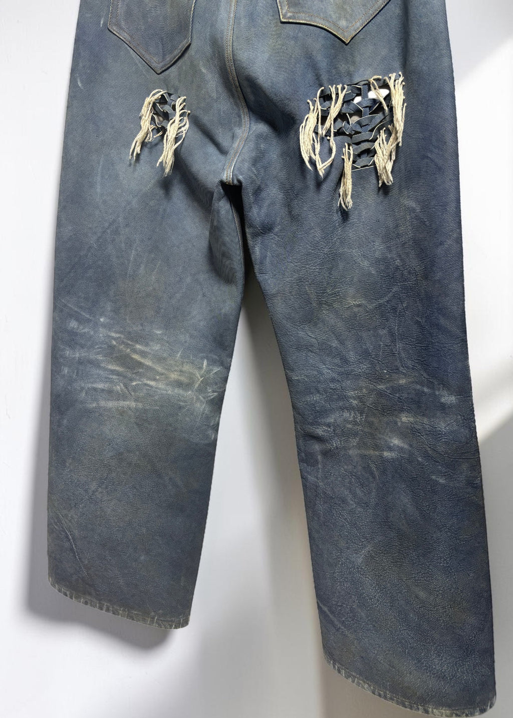 Hand-Braided Vintage Denim Effect Leather Pants