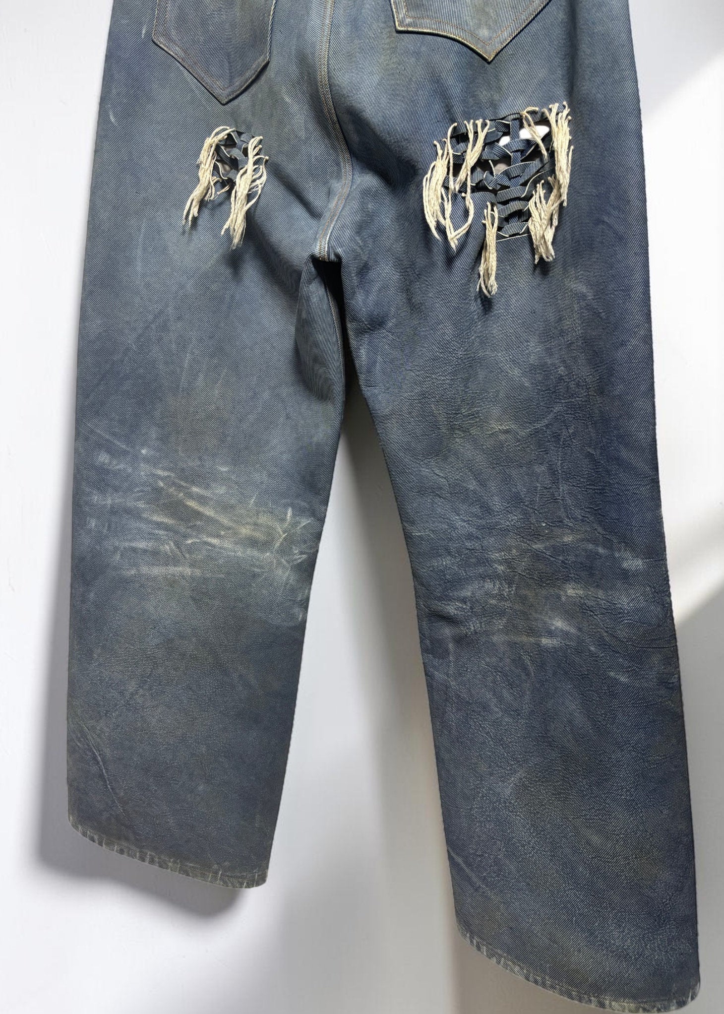 Hand-Braided Vintage Denim Effect Leather Pants