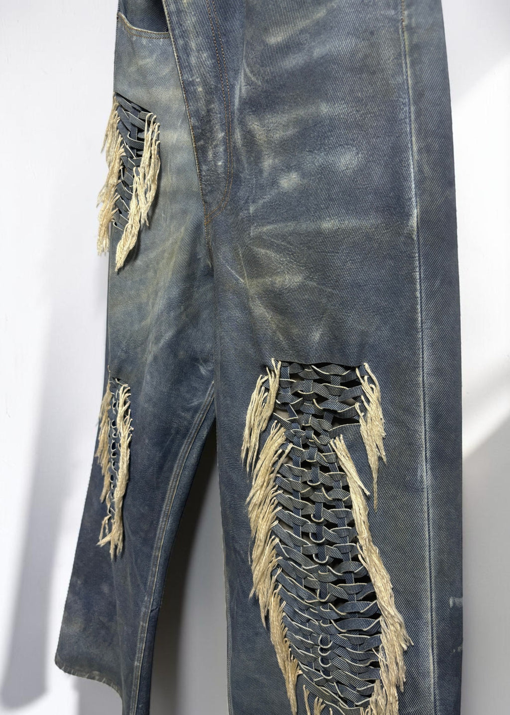 Hand-Braided Vintage Denim Effect Leather Pants