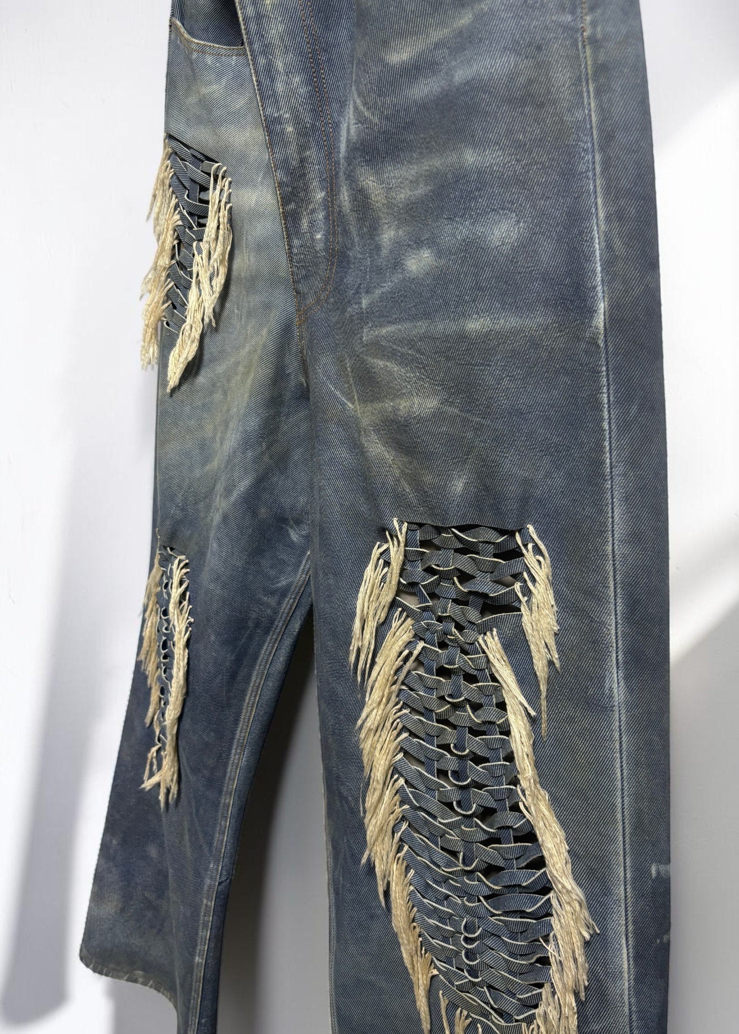 Hand-Braided Vintage Denim Effect Leather Pants